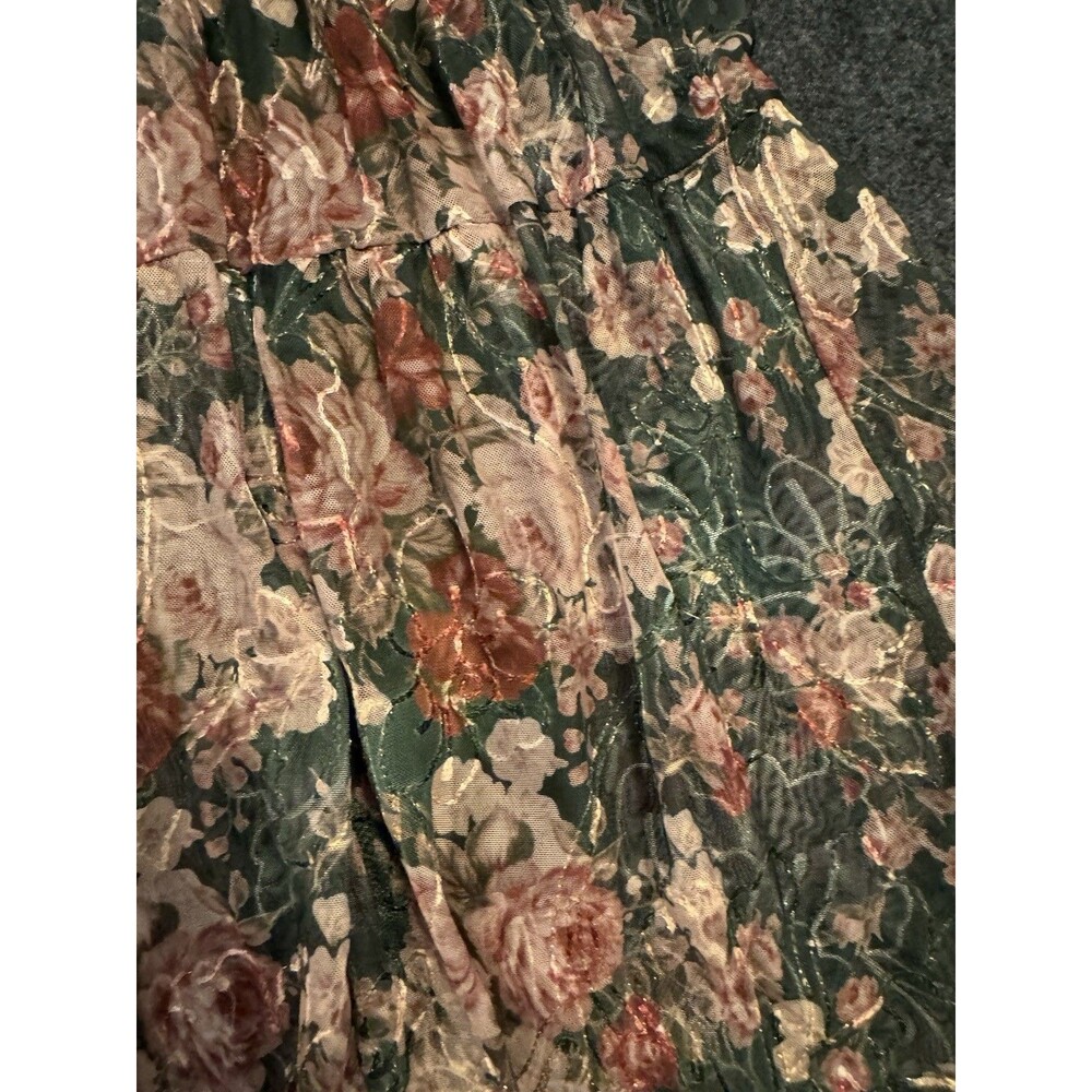 Baltic Born Floral Smocked Midi Dress Green Pink Short Sleeve Zip Closure M - Picture 2 of 8